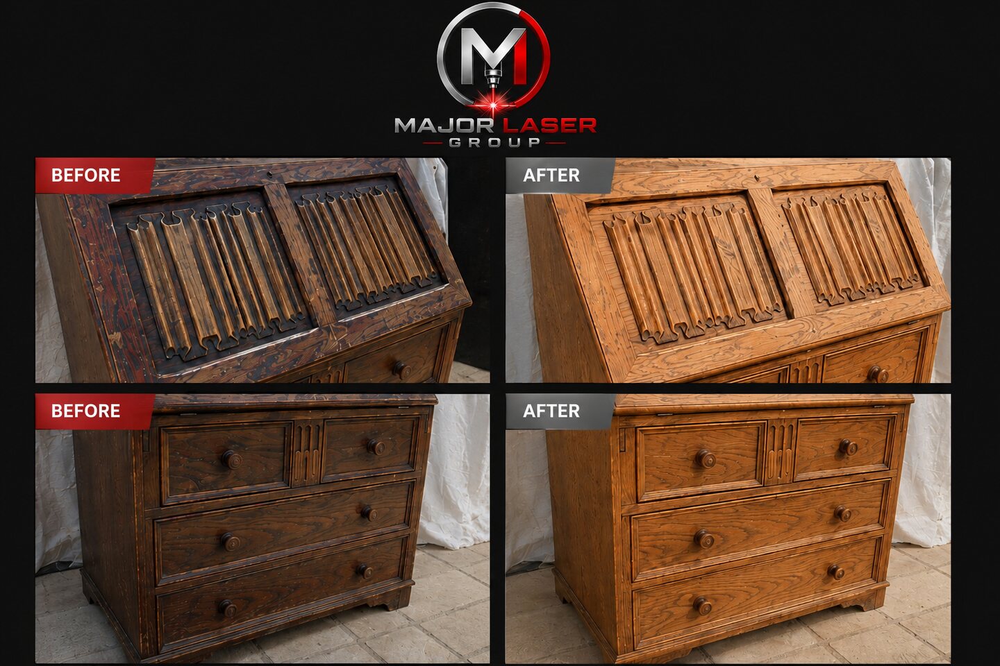 Solid oak furniture before and after controlled laser cleaning by Major Laser Group